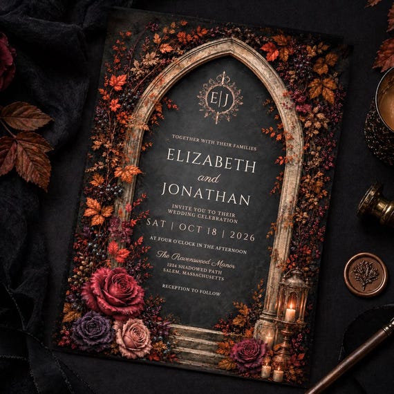 Gothic Wedding Invitation Template, Dark Romantic Wedding Invite, Moody Floral Arch, Black and Burgundy Wedding (Digital)