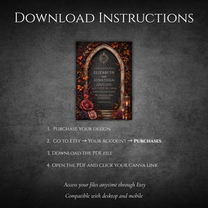 May include: A digital wedding invitation template featuring a dark gothic archway adorned with deep red and black roses. The text reads DOWNLOAD INSTRUCTIONS, 1. PURCHASE YOUR DESIGN, 2. GO TO ETSY, 3. DOWNLOAD THE PDF FILE, 4. OPEN THE PDF AND CLICK YOUR CANVA LINK.
