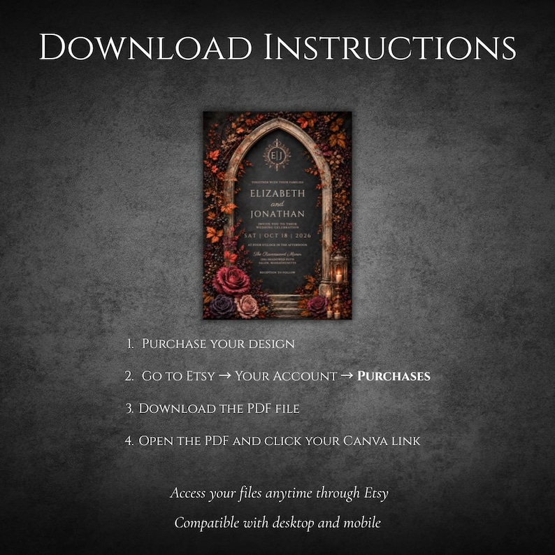 May include: A digital wedding invitation template featuring a dark gothic archway adorned with deep red and black roses. The text reads DOWNLOAD INSTRUCTIONS, 1. PURCHASE YOUR DESIGN, 2. GO TO ETSY, 3. DOWNLOAD THE PDF FILE, 4. OPEN THE PDF AND CLICK YOUR CANVA LINK.