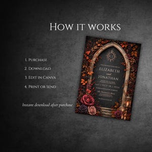 May include: A digital wedding invitation template featuring a gothic stone archway adorned with dark red and purple roses and autumn leaves. The text reads HOW IT WORKS, 1. PURCHASE, 2. DOWNLOAD, 3. EDIT IN CANVA, 4. PRINT OR SEND, and ELIZABETH and JONATHAN.