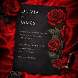 Może przedstawiać: Czarna, prostokątna karta z zaproszeniem ślubnym z białym tekstem o treści: Olivia and James, together with their families invite you to celebrate their wedding, August 20th at 5:00 PM, 123 Anywhere St., Any City, ST 12345, reception to follow.