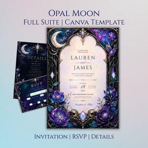 May include: A wedding invitation suite titled Opal Moon featuring a central invitation, RSVP card, and details card. The design displays dark purple and black floral borders, a crescent moon, and text reading Lauren and James, October 18, 2025.