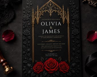 May include: A black wedding invitation card featuring a gold gothic arch frame, embossed black rose vines on the sides, and three red roses at the bottom. The text reads Olivia & James, request the honor of your presence, Saturday, August twenty-second, two thousand twenty-six, at five o'clock in the evening, 123 Anywhere St., Any City, ST 12345.