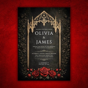 Gothic Wedding Invitation Template, Editable Canva Invite, Black and Gold Design, Dark Romantic Wedding, Red Rose, Printable 5x7