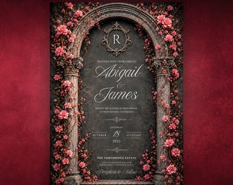 May include: A wedding invitation card featuring a dark gray stone archway adorned with pink flowers. The text reads: Together with their families Abigail & James request the pleasure of your company at their wedding celebration Saturday October 18 2025.