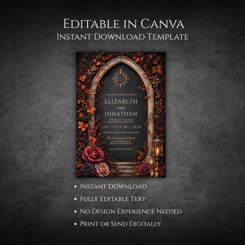 May include: A wedding invitation template featuring a dark arched stone doorway framed by autumn leaves and roses. The text reads: Elizabeth and Jonathan, Sat Oct 18 2026, at four o'clock in the afternoon, The Ravenwood Manor, 1234 Shadowed Path, Salem, Massachusetts.