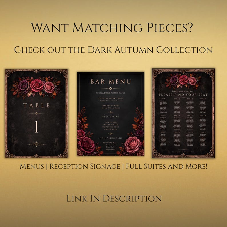 May include: Three rectangular wedding signs with a dark background, floral accents of red and purple roses, and ornate borders. The signs display the text "TABLE 1", "BAR MENU", and "PLEASE FIND YOUR SEAT" with lists of names and drink options.