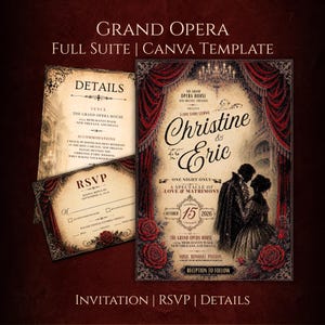 May include: A Grand Opera themed wedding invitation suite Canva template featuring a main invitation, RSVP card, and details card. The design includes red velvet curtains, red roses, and a silhouette of a couple, with text for Christine & Eric.