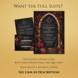 May include: A wedding invitation suite featuring a dark, gothic-inspired design with an arched stone doorway framed by deep red and black roses and autumn leaves. The text includes the names Elizabeth and Jonathan, date, and venue details.