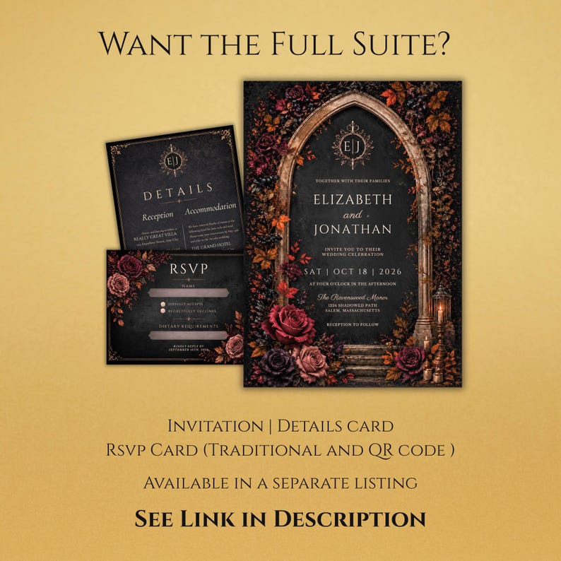 May include: A wedding invitation suite featuring a dark, gothic-inspired design with an arched stone doorway framed by deep red and black roses and autumn leaves. The text includes the names Elizabeth and Jonathan, date, and venue details.