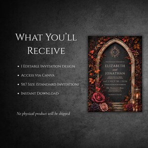 May include: A digital wedding invitation template featuring an arched stone doorway framed by dark autumn leaves and roses. The text reads: WHAT YOU'LL RECEIVE, 1 Editable Invitation Design, Access via Canva, 5x7 Size, Instant Download, Elizabeth and Jonathan.