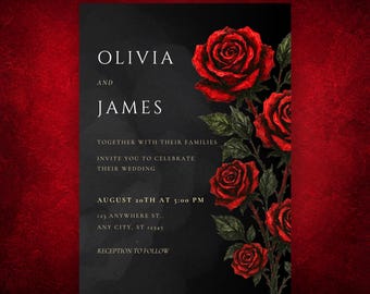 May include: A black wedding invitation card featuring a vertical arrangement of deep red roses with green leaves on the right side. The text reads: OLIVIA AND JAMES TOGETHER WITH THEIR FAMILIES INVITE YOU TO CELEBRATE THEIR WEDDING AUGUST 20TH AT 5:00 PM.