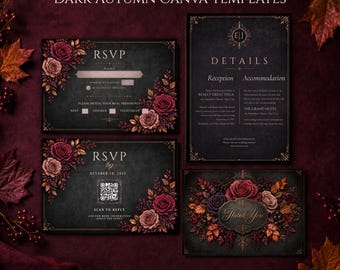 May include: A set of dark autumn wedding stationery templates featuring black backgrounds with ornate gold borders and deep red and orange floral arrangements. The cards include RSVP, details, and thank you cards with elegant typography and a QR code.