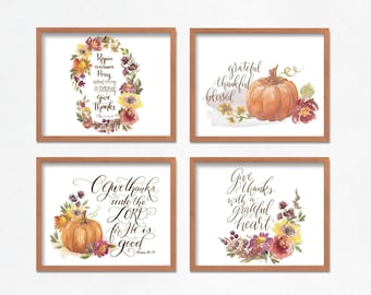 Give Thanks to the Lord Printable, Thanksgiving Bible Verse Set of 4 Prints, Grateful Thankful Blessed Sign, Autumn Floral Scripture Wreath