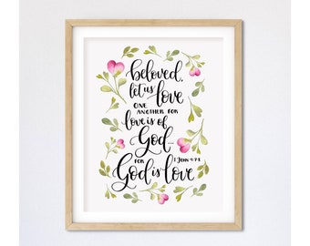 1 Juan 4:7-8 "Amaos los unos a los otros", arte de pared imprimible con versículos bíblicos para el Día de San Valentín, decoración cristiana para el hogar, impresión artística con versículos bíblicos de amor.
