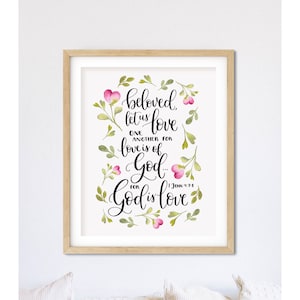 1 Juan 4:7-8 Ámense los unos a los otros Arte de pared con versículos bíblicos para el día de San Valentín, decoración cristiana para el hogar para el día de San Valentín, impresión artística con versículos bíblicos sobre el amor