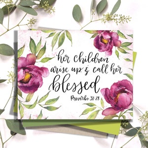 Tarjeta cristiana para el Día de la Madre "Sus hijos se levantan y la llaman bendita", tarjeta de felicitación bíblica imprimible para mamá, tarjeta de notas para mujer de Proverbios 31