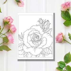 Rose réaliste à colorier, contour à peindre, modèle de traçage à faire soi-même, carte à colorier rose à colorier en cadeau pour maman