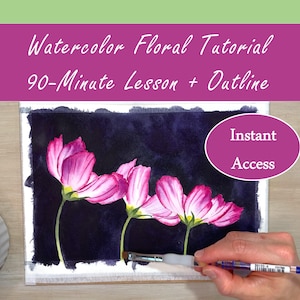 Puede incluir: Imagen de un tutorial floral en acuarela con flores rosas sobre un fondo oscuro. El texto incluye "Watercolor Floral Tutorial 90-Minute Lesson + Outline" y "Instant Access". Una mano sostiene un pincel.