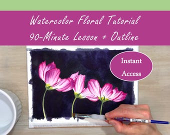 Watercolor Floral Video Tutorial – Wet-on-Wet Lesson with Traceable Outline – 90 Minute Flower Painting Video