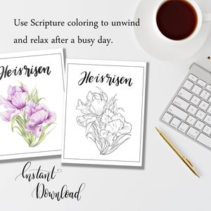 May include: Printable colouring page featuring a bouquet of flowers with the text "He is risen" in cursive. The image is in black and white, ready to be coloured.