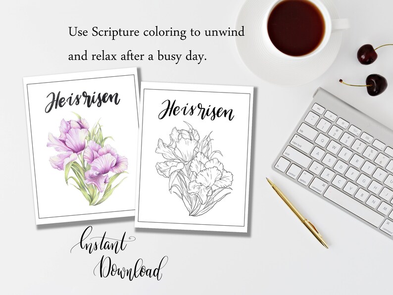 May include: Printable colouring page featuring a bouquet of flowers with the text "He is risen" in cursive. The image is in black and white, ready to be coloured.