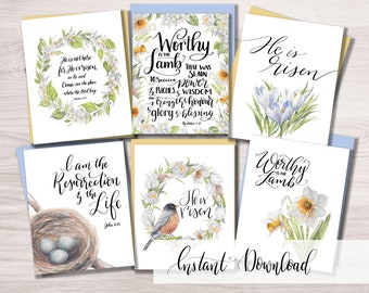 Christian Easter Card Printable Set, Easter Greeting Card Bundle with Bible Verse, Resurrection Day Card, Spring Scripture Notecard Gift Set