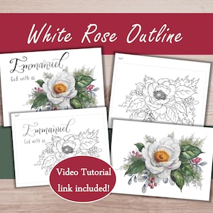 White Winter Rose Painting Outline to Trace, Christmas Card and Coloring Page Printable Christmas Flower Watercolor Tutorial Art Tutorial