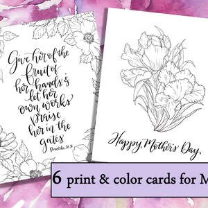 Tarjetas para colorear del Día de la Madre con versículos bíblicos. Tarjeta cristiana para colorear para mamá. Regalo para colorear imprimible del Día de la Madre. Escritura para colorear.