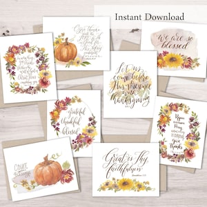 Tarjeta cristiana imprimible de Acción de Gracias, paquete de tarjetas de felicitación con versículos bíblicos de otoño, tarjetas con versículos bíblicos de otoño, descarga instantánea de Acción de Gracias