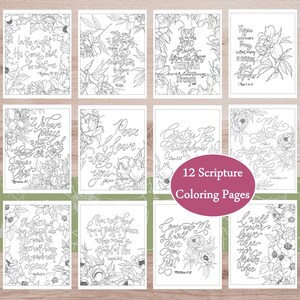 Peut inclure: Douze pages à colorier en noir et blanc avec des motifs floraux et des versets bibliques inspirants. Les pages sont intitulées "12 pages à colorier sur les Écritures".