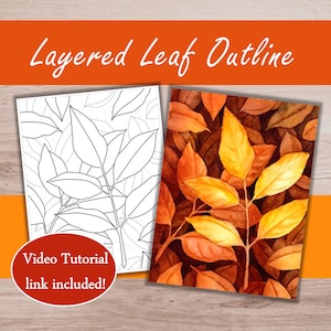Könnte beinhalten: Eine rechteckige Grafik mit dem Titel Layered Leaf Outline, die zwei nebeneinander liegende Blattbilder zeigt. Ein Bild ist eine schwarz-weiße Strichzeichnung, das andere ein Aquarellbild von Herbstblättern in Gelb-, Orange- und Brauntönen.