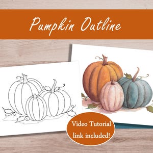 May include: Two art prints featuring pumpkin illustrations. One print shows a black and white outline of three pumpkins. The other print displays a watercolor painting of three pumpkins in orange, pink, and blue-green.