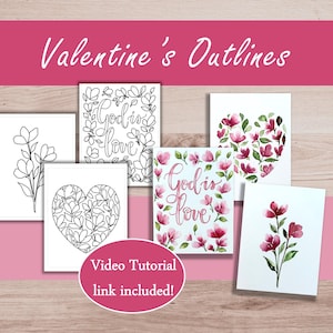 May include: A collection of Valentine's Day themed art prints. The prints feature floral designs, hearts, and the phrase "God is love." Some are in black and white, while others are in watercolor with pink and red hues. The image includes the text "Video Tutorial link included!"