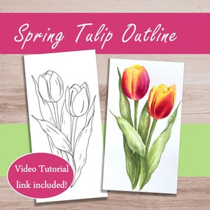 Blumen Malerei Umrisse, Frühling Blumen Malseite Tulpe Blume Printable Download & Aquarell Anleitung Ostern Kunst Tutorial
