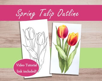 Flower Painting Outline to Trace, Spring Floral Coloring Page Tulip Flower Printable Download & Watercolor Tutorial Easter Art Tutorial