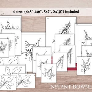 Pode incluir: Uma cole&ccedil;&atilde;o de ilustra&ccedil;&otilde;es bot&acirc;nicas em preto e branco, incluindo ramos de azevinho, visco e outras folhagens festivas. As impress&otilde;es est&atilde;o dispon&iacute;veis em quatro tamanhos: 10x13cm, 10x15cm, 13x18cm e 20x25cm. A palavra "INSTANT DOWNLOAD" tamb&eacute;m &eacute; vis&iacute;vel.