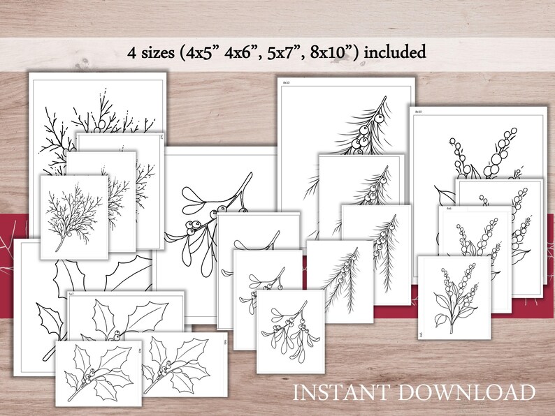 Pode incluir: Uma cole&ccedil;&atilde;o de ilustra&ccedil;&otilde;es bot&acirc;nicas em preto e branco, incluindo ramos de azevinho, visco e outras folhagens festivas. As impress&otilde;es est&atilde;o dispon&iacute;veis em quatro tamanhos: 10x13cm, 10x15cm, 13x18cm e 20x25cm. A palavra "INSTANT DOWNLOAD" tamb&eacute;m &eacute; vis&iacute;vel.