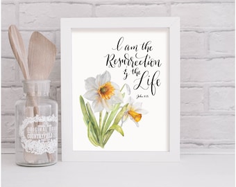 Juan 11:25 "Yo soy la resurrección y la vida", arte mural bíblico imprimible, versículo bíblico de la resurrección, decoración cristiana de cocina para primavera.
