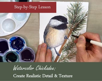 Chickadee Watercolor Tutorial – Winter Bird Painting Video Lesson with Outline for Christmas Cards or Gifts