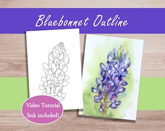 Bluebonnet Flower Painting Outline: Watercolor Tutorial, Printable Coloring Page (Digital Download)