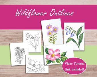 Wildflower Painting Outline to Trace, Purple Asters & Bluebell Printable Download Wild Rose Flower Watercolor Tutorial Card or Coloring Page