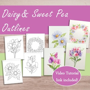 Contour de peinture de fleurs à tracer, marguerite et pois de senteur imprimable téléchargement avril mois de naissance fleur aquarelle carte tutoriel ou coloriage