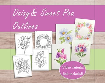 Blumen Malerei Umriss zu verfolgen, Gänseblümchen & Wicke printable Download April Geburt Monat Blumen Aquarell Anleitung Karte oder Malseite