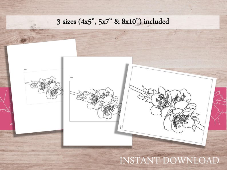 K&ouml;nnte beinhalten: Drei wei&szlig;e Drucke eines floralen Designs, jeweils in verschiedenen Gr&ouml;&szlig;en: 10x13 cm, 13x18 cm und 20x25 cm. Die Drucke zeigen eine Schwarz-Wei&szlig;-Strichzeichnung von Kirschbl&uuml;ten. Die Worte "INSTANT DOWNLOAD" stehen unten.