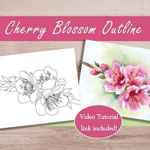 Esquema de pintura de flores para trazar, página para colorear floral, tarjeta de flores del mes de nacimiento de marzo, flor de cerezo imprimible, descarga y tutorial de acuarela