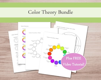 Color Theory Worksheet Printable Bundle Basic Farbrad zum Einfärben oder Malen von Farbmischungsübungen für Aquarell- und Buntstiftkünstler