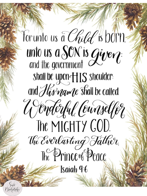 Isaiah 9:6 for Unto Us a Child is Born Christmas Scripture Wall Art  Printable, Names of Jesus Bible Verse Print, Natural Pine Holiday Décor 