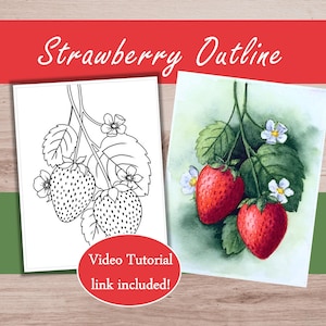 Strawberry Watercolor Practice Outline to Trace and Paint, Flower Watercolor Tutorial Printable Download