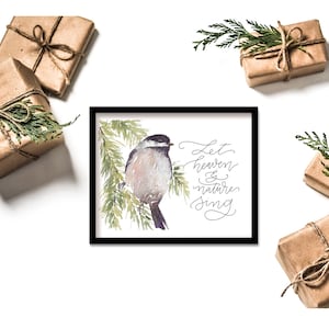 Christmas Carol Words with Chickadee Art Print, Let Heaven and Nature Sing Holiday Wall Art, Small Bird Gift, Printable Christmas Home Décor